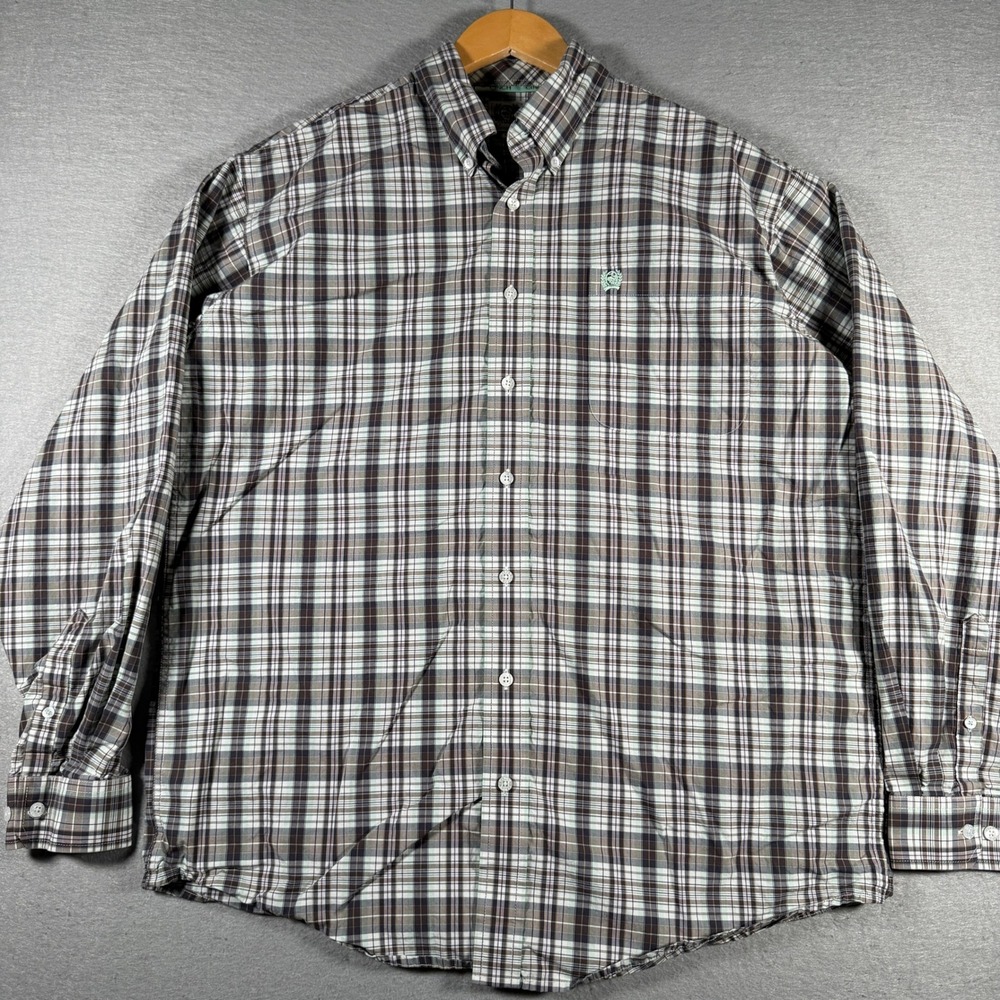 Cinch Mens Plaid Button Down Shirt Brown Mint Green Cotton MTW1103859 Size M‎